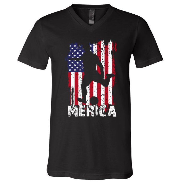 Patriotic 4th Of July Soccer Merica Usa Flag Boy V-Neck T-Shirt