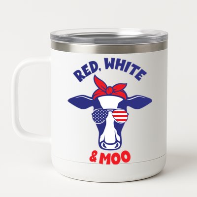 Patriotic 4th Of July Tee Red White And Moo Patriotic Cow Meaningful Gift 12 oz Stainless Steel Tumbler Cup