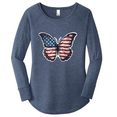 Patriotic 4th Of July Usa American Flag Butterfly Gift Women's Perfect Tri Tunic Long Sleeve Shirt