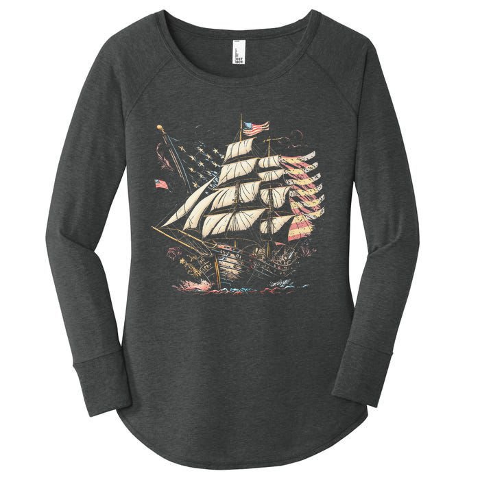 Pirate 4th of July American Flag USA America Funny Ship Boat Women's Perfect Tri Tunic Long Sleeve Shirt