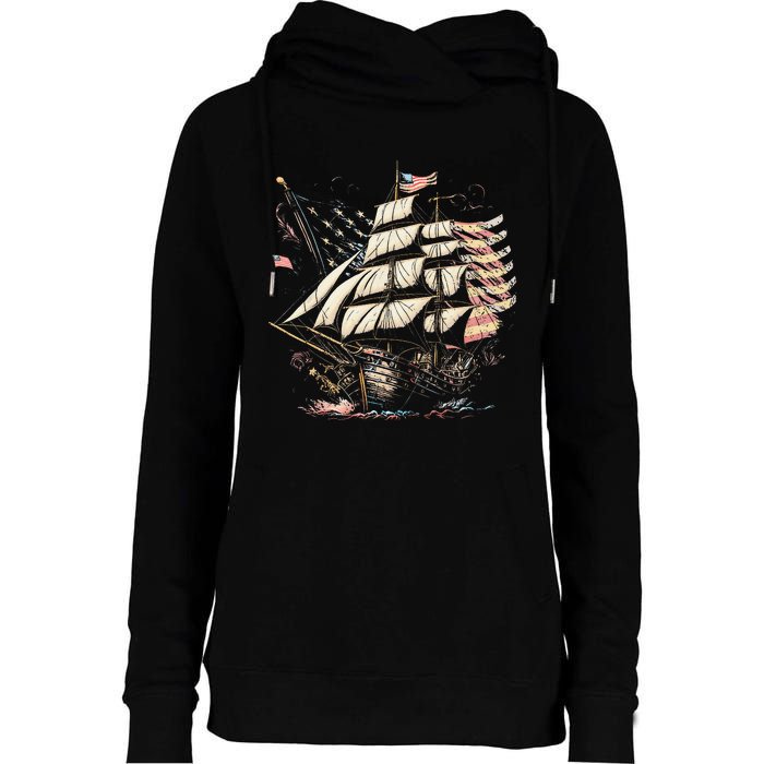 Pirate 4th of July American Flag USA America Funny Ship Boat Womens Funnel Neck Pullover Hood