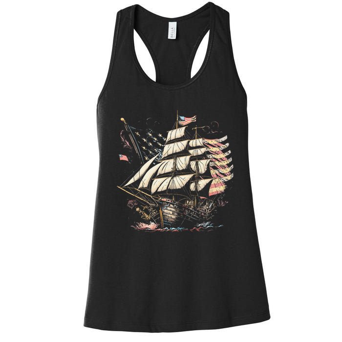 Pirate 4th of July American Flag USA America Funny Ship Boat Women's Racerback Tank