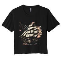 Pirate 4th of July American Flag USA America Funny Ship Boat Women's Crop Top Tee