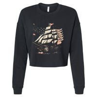 Pirate 4th of July American Flag USA America Funny Ship Boat Cropped Pullover Crew