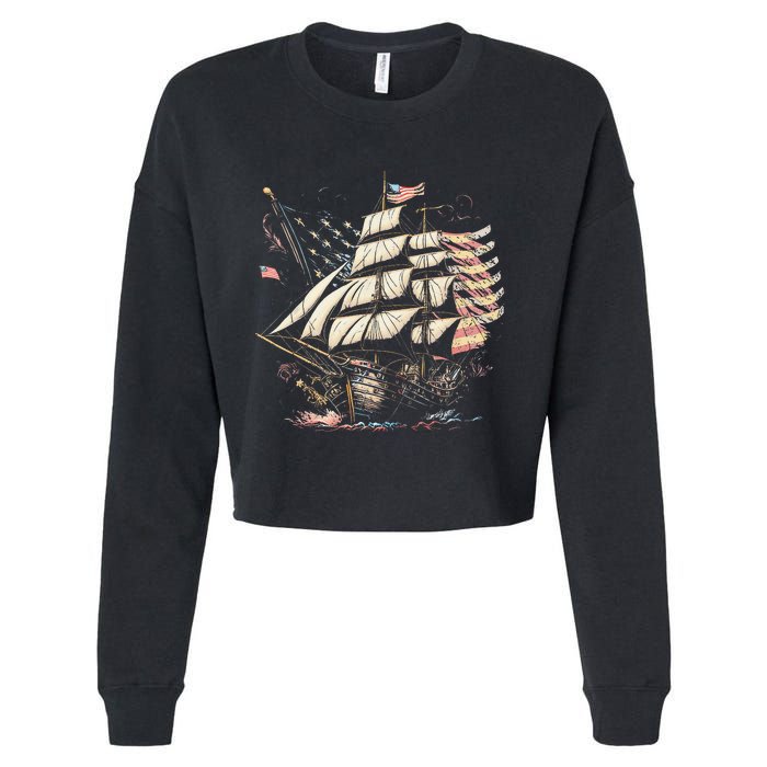 Pirate 4th of July American Flag USA America Funny Ship Boat Cropped Pullover Crew