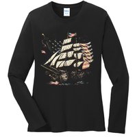 Pirate 4th of July American Flag USA America Funny Ship Boat Ladies Long Sleeve Shirt