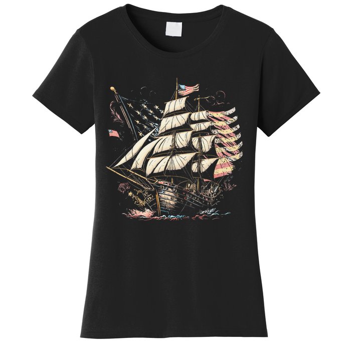 Pirate 4th of July American Flag USA America Funny Ship Boat Women's T-Shirt