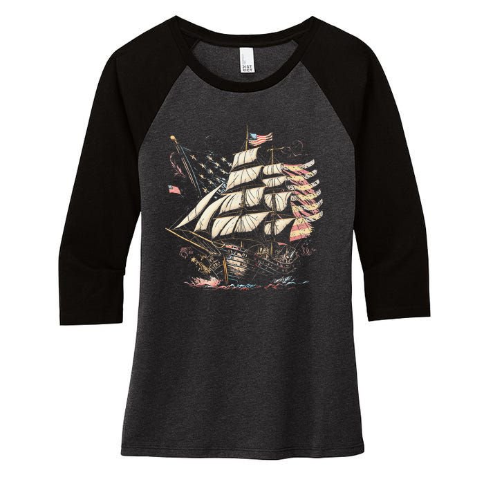 Pirate 4th of July American Flag USA America Funny Ship Boat Women's Tri-Blend 3/4-Sleeve Raglan Shirt