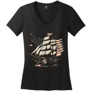 Pirate 4th of July American Flag USA America Funny Ship Boat Women's V-Neck T-Shirt