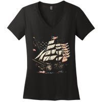 Pirate 4th of July American Flag USA America Funny Ship Boat Women's V-Neck T-Shirt