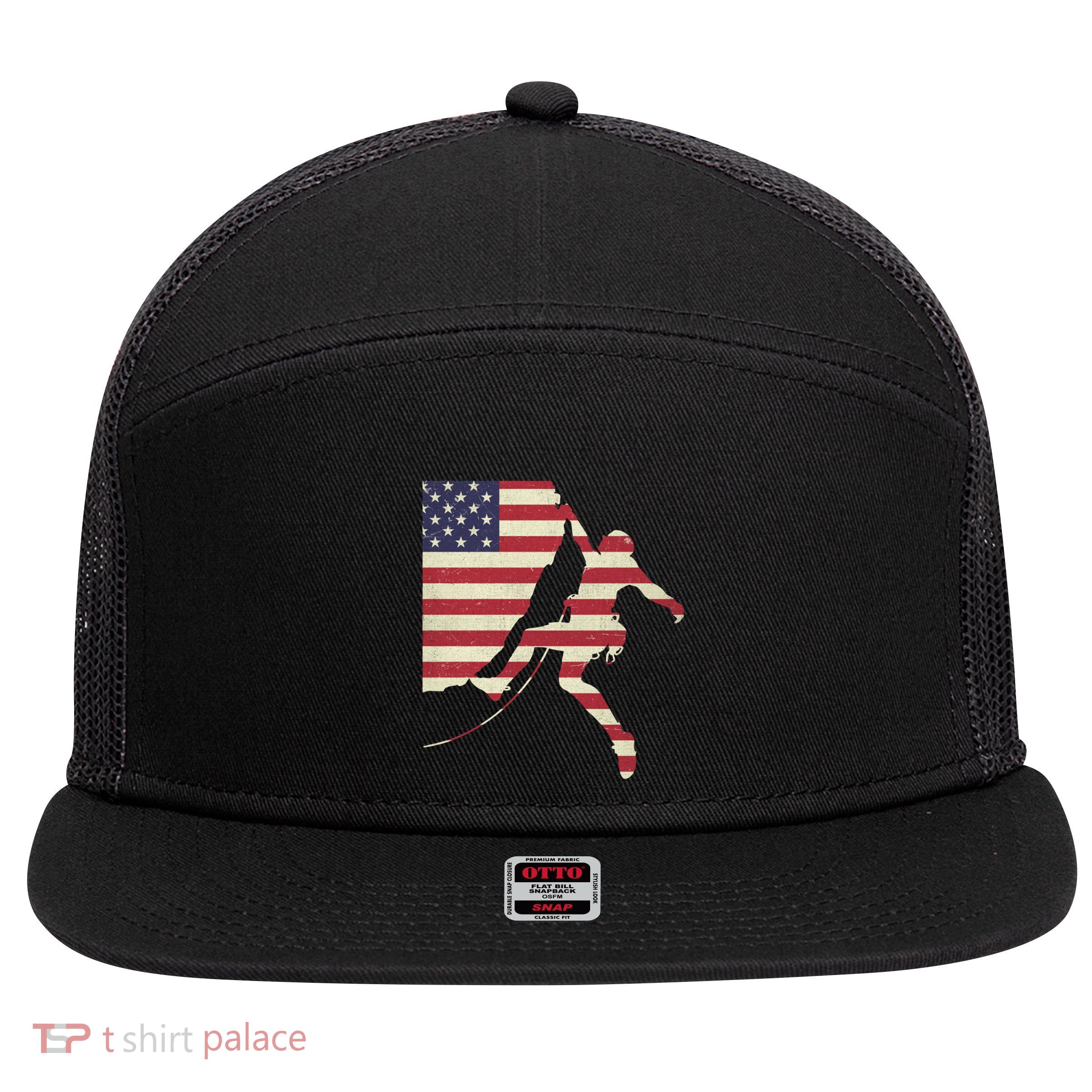 Patriotic 4th Of July American Usa Flag Rock Climbing Meaningful Gift 7 Panel Mesh Trucker Snapback Hat