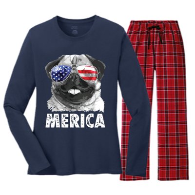 Pug 4th Of July Shirts Merica Men Women USA American Flag Women's Long Sleeve Flannel Pajama Set 