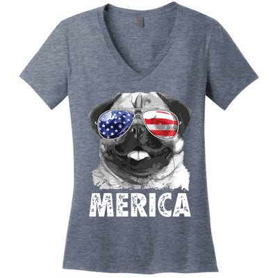 Pug 4th Of July Shirts Merica Men Women USA American Flag Women's V-Neck T-Shirt