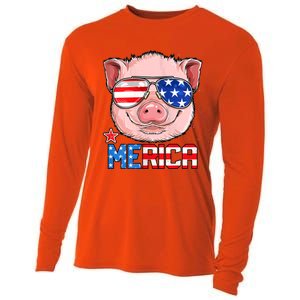 Pig 4th Of July Merica Usa American Flag Cooling Performance Long Sleeve Crew