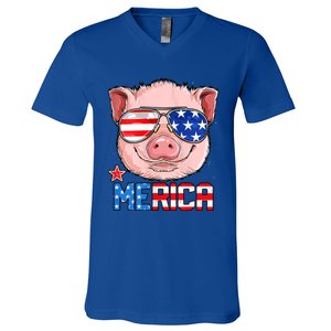 Pig 4th Of July Merica Usa American Flag V-Neck T-Shirt