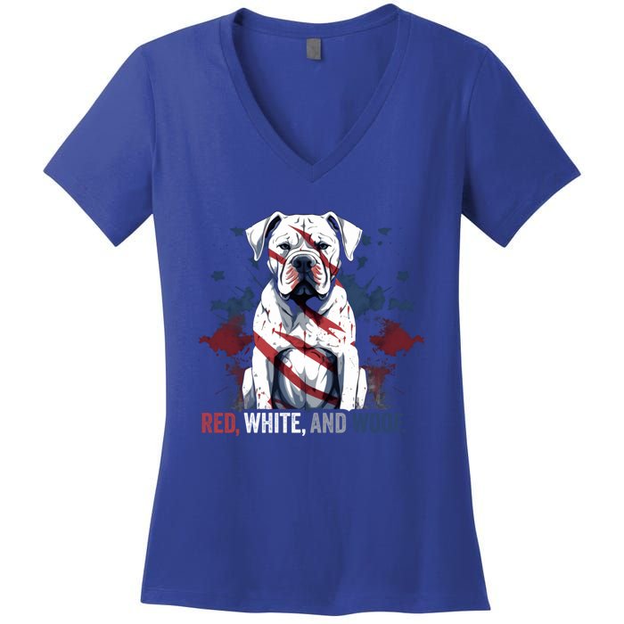 Patriotic 4th Of July Red White And Woof American Bulldog Gift Women's V-Neck T-Shirt