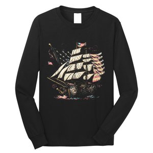 Pirate 4th of July American Flag USA America Funny Ship Boat Long Sleeve Shirt