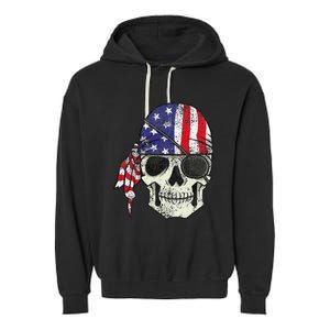 Pirate 4th of July Distressed USA Skull American Flag Garment-Dyed Fleece Hoodie