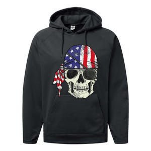 Pirate 4th of July Distressed USA Skull American Flag Performance Fleece Hoodie