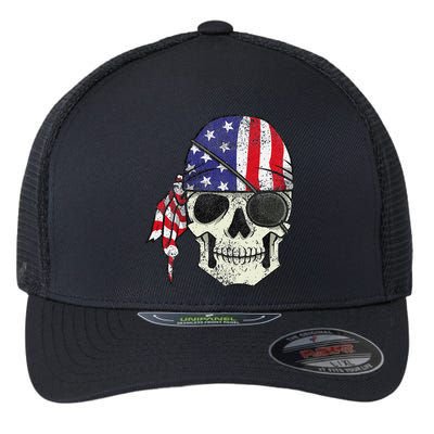 Pirate 4th of July Distressed USA Skull American Flag Flexfit Unipanel Trucker Cap