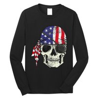 Pirate 4th of July Distressed USA Skull American Flag Long Sleeve Shirt