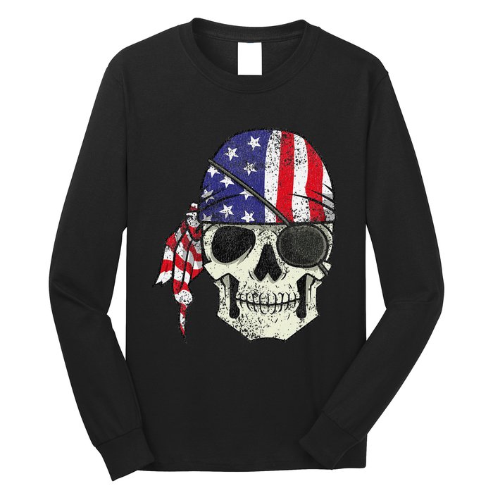 Pirate 4th of July Distressed USA Skull American Flag Long Sleeve Shirt