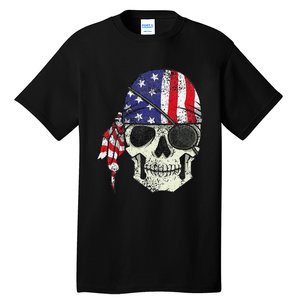 Pirate 4th of July Distressed USA Skull American Flag Tall T-Shirt