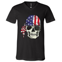 Pirate 4th of July Distressed USA Skull American Flag V-Neck T-Shirt