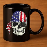 Pirate 4th of July Distressed USA Skull American Flag 11oz C Handle Ceramic Mug