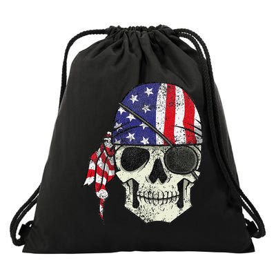 Pirate 4th of July Distressed USA Skull American Flag Drawstring Bag
