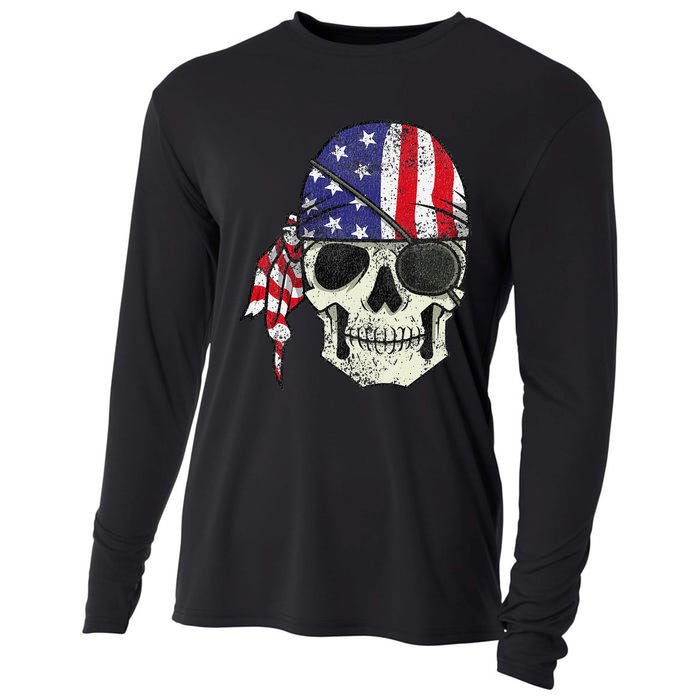 Pirate 4th of July Distressed USA Skull American Flag Cooling Performance Long Sleeve Crew