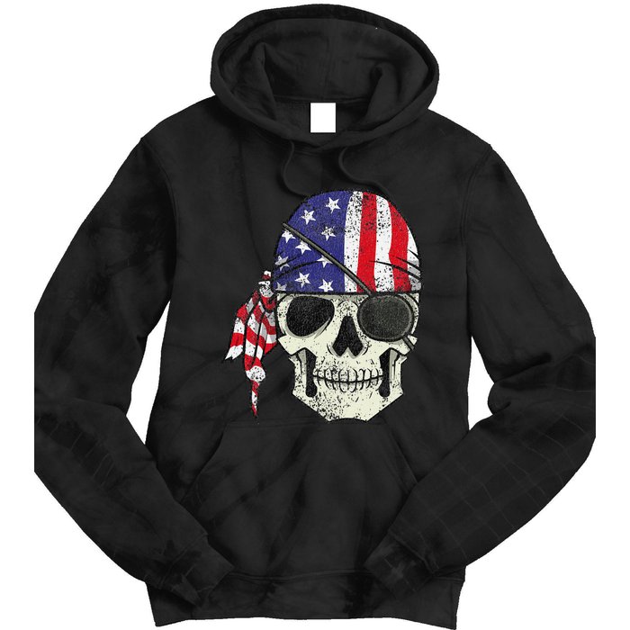 Pirate 4th of July Distressed USA Skull American Flag Tie Dye Hoodie