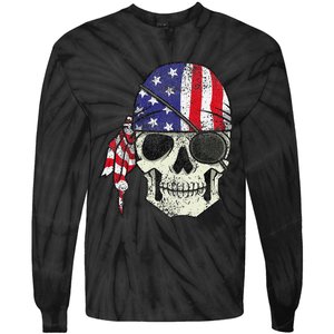 Pirate 4th of July Distressed USA Skull American Flag Tie-Dye Long Sleeve Shirt