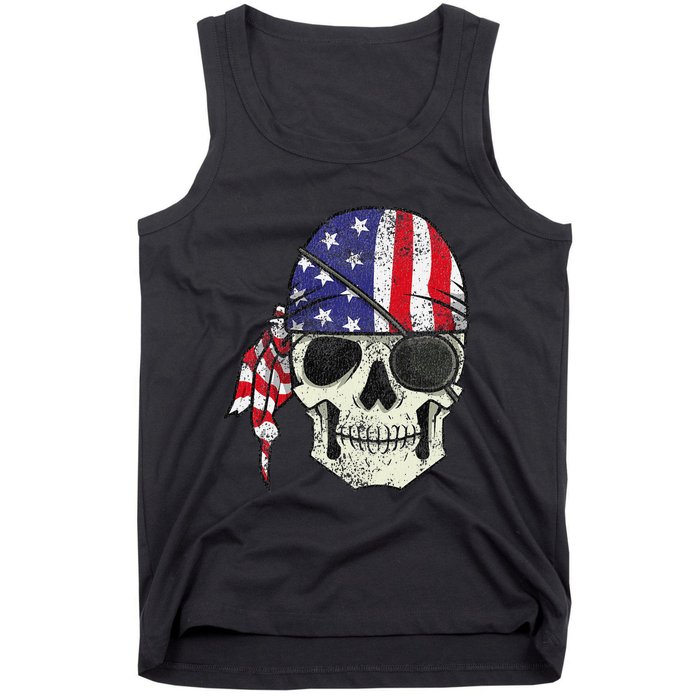 Pirate 4th of July Distressed USA Skull American Flag Tank Top