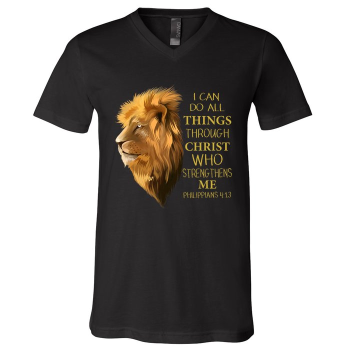 Philippians 413 Religious Lion Verses Funny Christian Gift V-Neck T-Shirt