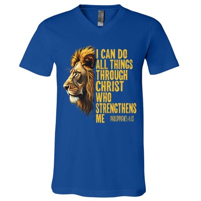 Philippians 413 Religious Lion Strengthens Christian  V-Neck T-Shirt