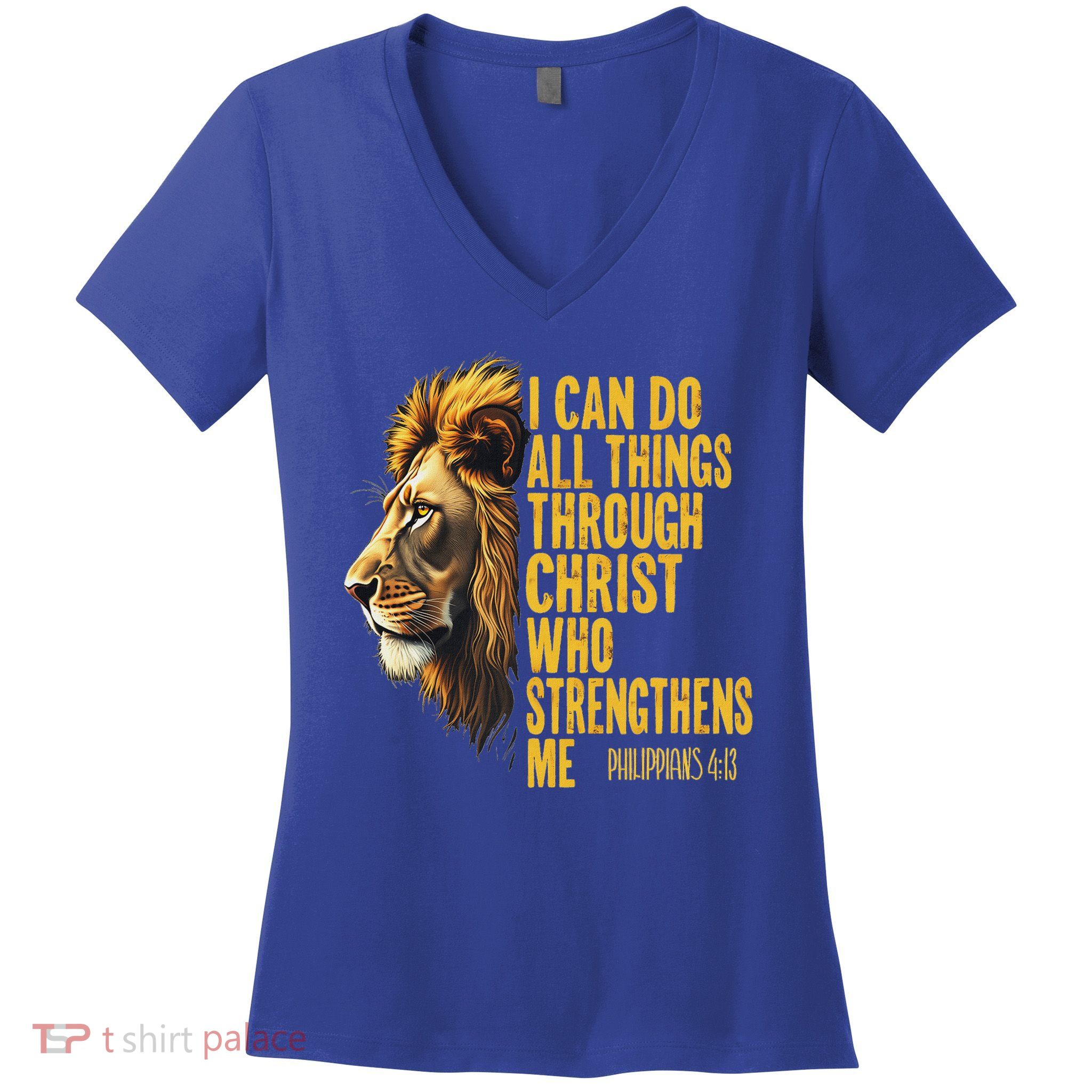 Philippians 413 Religious Lion Strengthens Christian  Women's V-Neck T-Shirt