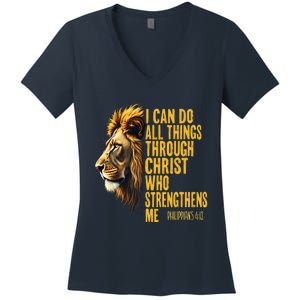 Philippians 413 Religious Lion Strengthens Christian 0haldo Women's V-Neck T-Shirt