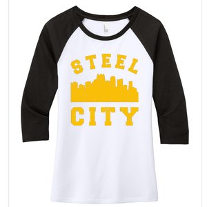 Pittsburgh 412 Steel City Skyline Pennsylvania Home Pride Women's Tri-Blend 3/4-Sleeve Raglan Shirt