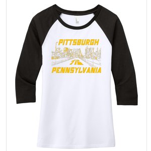 Pittsburgh 412 Steel City Skyline Pennsylvania Home Pride Women's Tri-Blend 3/4-Sleeve Raglan Shirt