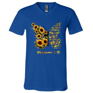 Philippians 4:13 Sunflower Butterfly Faith Christian Bible Gift V-Neck T-Shirt