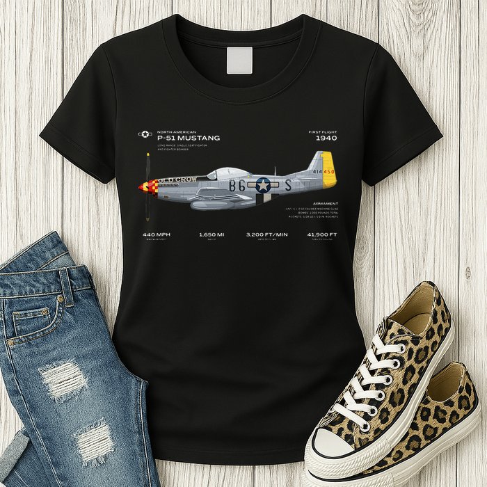 P 51 Mustang WWII Airplane Historic War Bird Fighter Womens T-Shirt