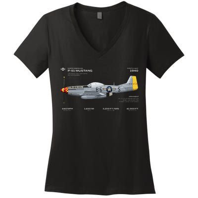P 51 Mustang WWII Airplane Historic War Bird Fighter Women's V-Neck T-Shirt