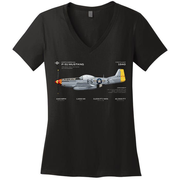 P 51 Mustang WWII Airplane Historic War Bird Fighter Women's V-Neck T-Shirt