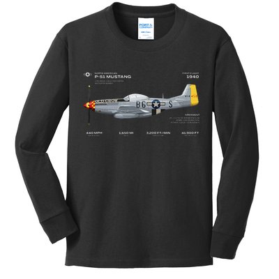 P 51 Mustang WWII Airplane Historic War Bird Fighter Kids Long Sleeve Shirt