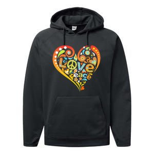 Pretty 60s 70s Hippie Peace Love Heart Peace Sign Performance Fleece Hoodie