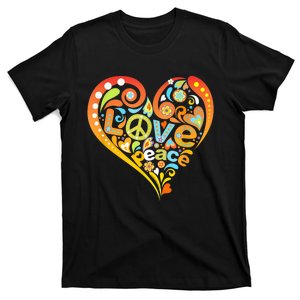 Pretty 60s 70s Hippie Peace Love Heart Peace Sign T-Shirt