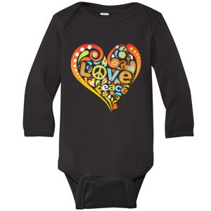 Pretty 60s 70s Hippie Peace Love Heart Peace Sign Baby Long Sleeve Bodysuit