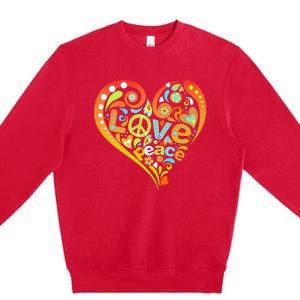 Pretty 60s 70s Hippie Peace Love Heart Peace Sign Premium Crewneck Sweatshirt