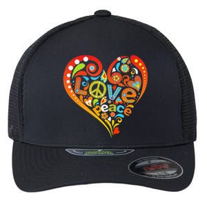 Pretty 60s 70s Hippie Peace Love Heart Peace Sign Flexfit Unipanel Trucker Cap